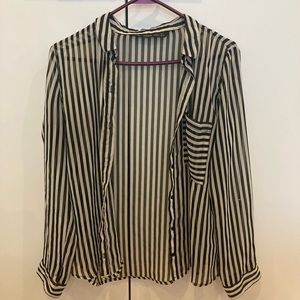 Zara Black & White Striped Button Down Blouse Large
